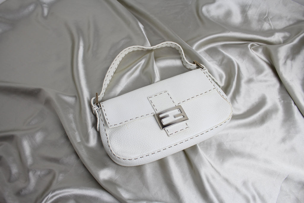 Fendi White Leather Selleria Mamma Baguette Bag