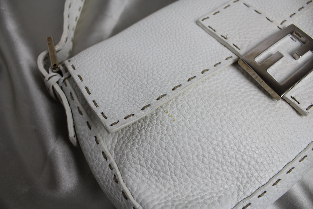 Fendi White Leather Selleria Mamma Baguette Bag