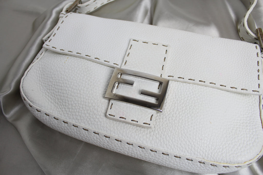 Fendi White Leather Selleria Mamma Baguette Bag