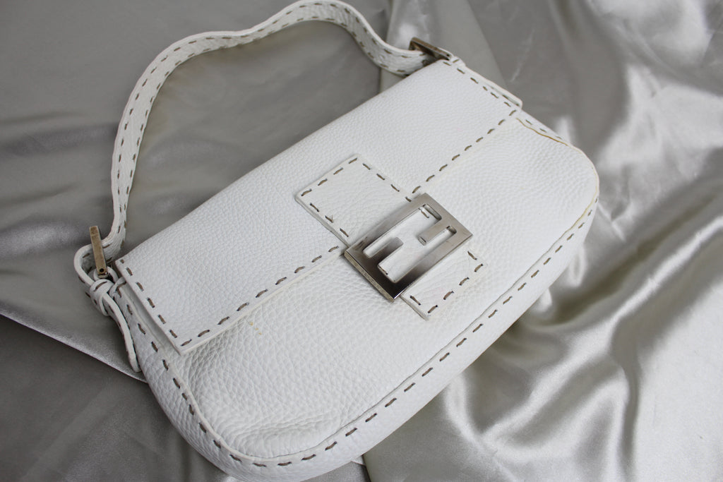 Fendi White Leather Selleria Mamma Baguette Bag