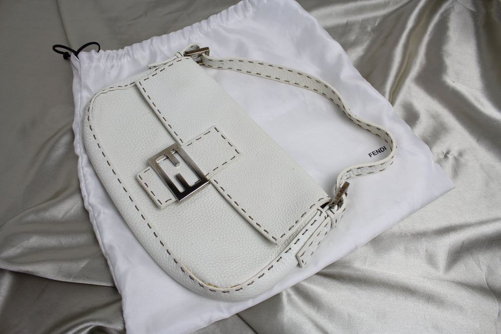 Fendi White Leather Selleria Mamma Baguette Bag