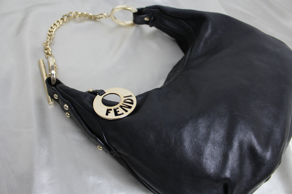 Fendi Black Leather 'Chef Chain' Hobo Bag