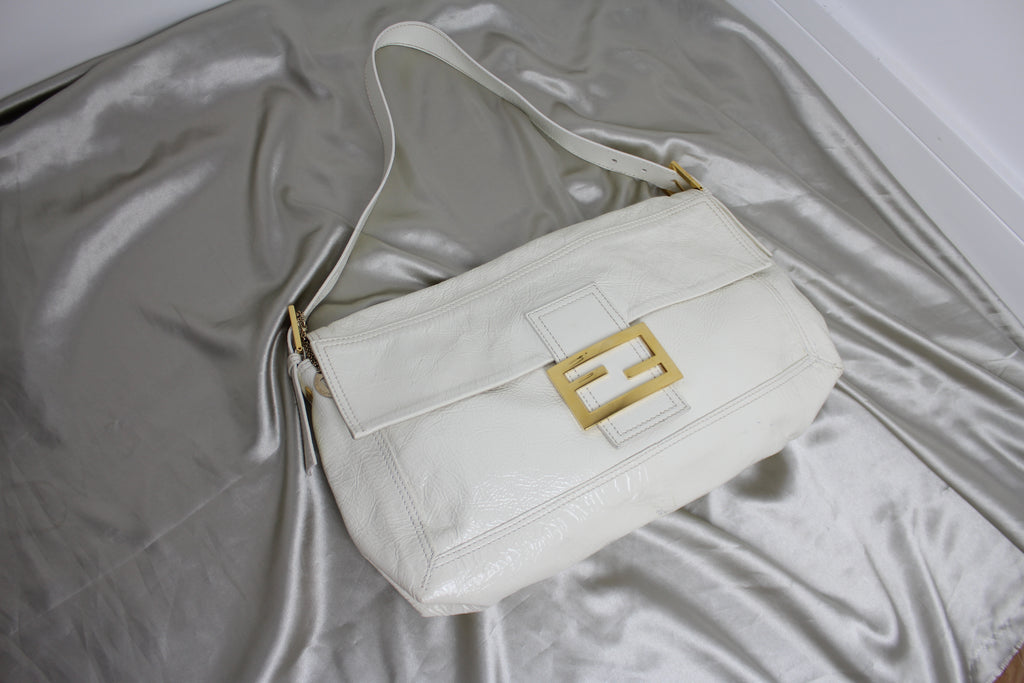 Fendi White Patent Leather Large Convertible Baguette Bag