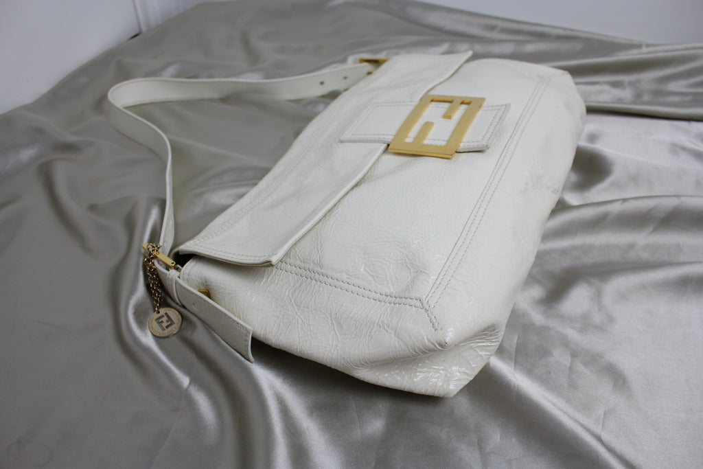 Fendi White Patent Leather Large Convertible Baguette Bag