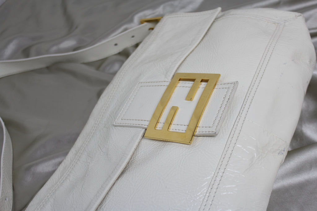 Fendi White Patent Leather Large Convertible Baguette Bag