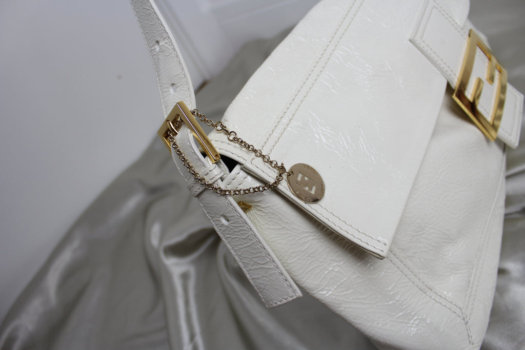 Fendi White Patent Leather Large Convertible Baguette Bag