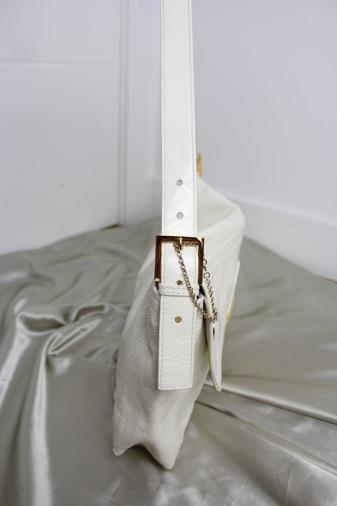 Fendi White Patent Leather Large Convertible Baguette Bag