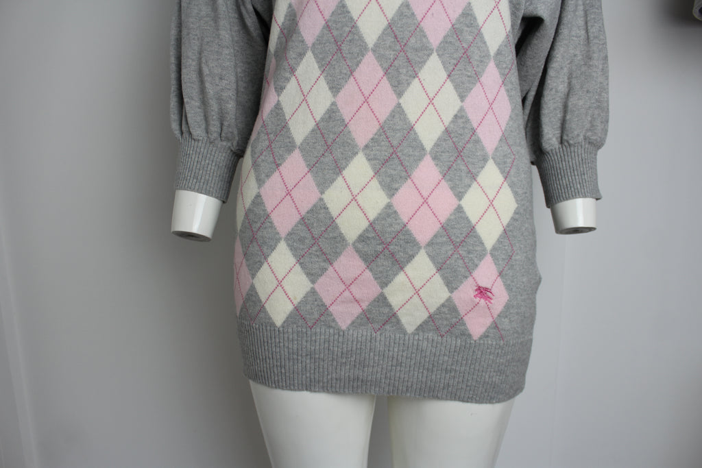 Burberry Pink and Grey Argyle Knit Sweater Top EU 38