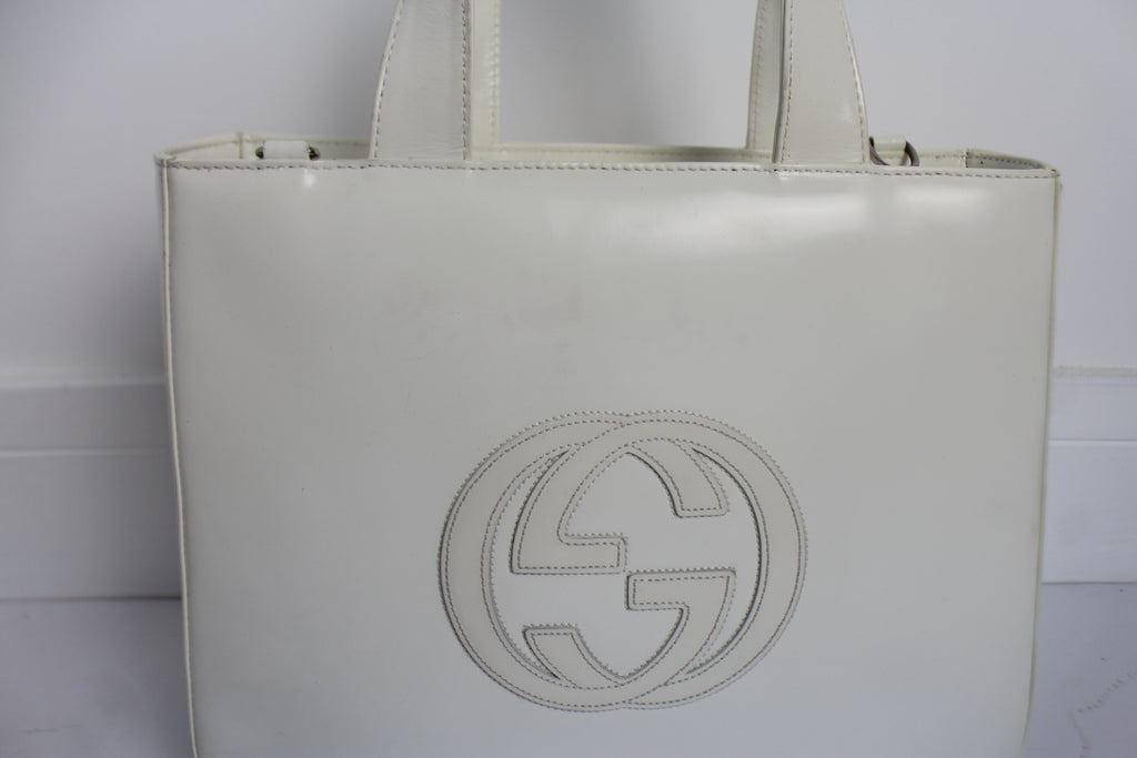 Gucci White Leather Large Logo Handbag