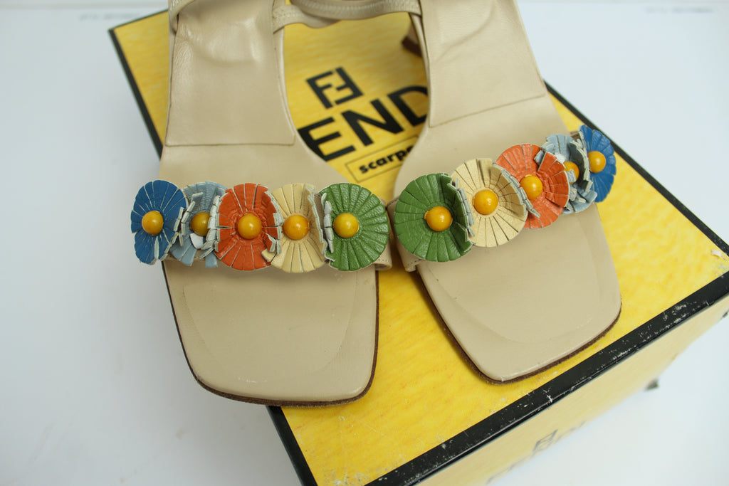 Fendi Floral Applique Leather Mules EU 36.5