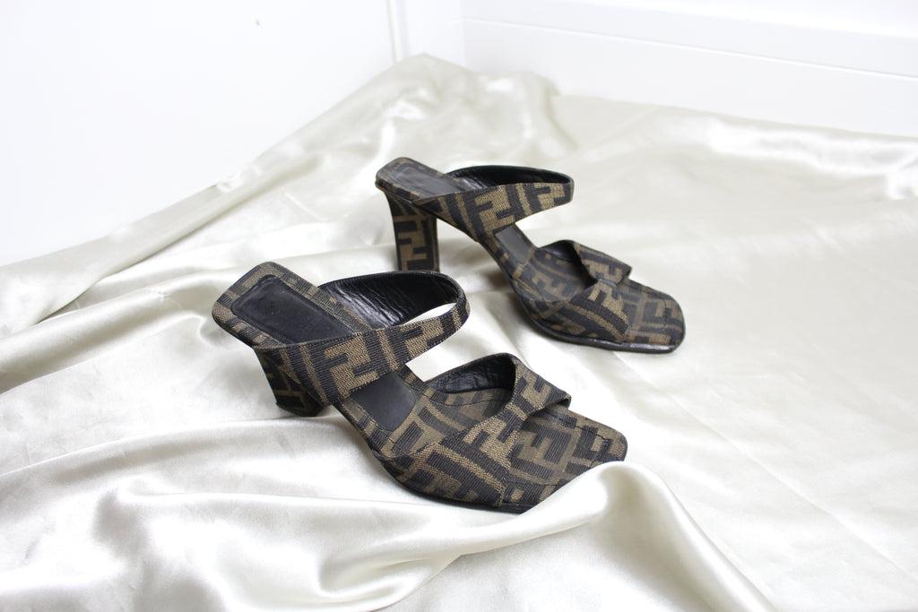 Fendi Zucca Logo Canvas Double Strap Heels EU 37