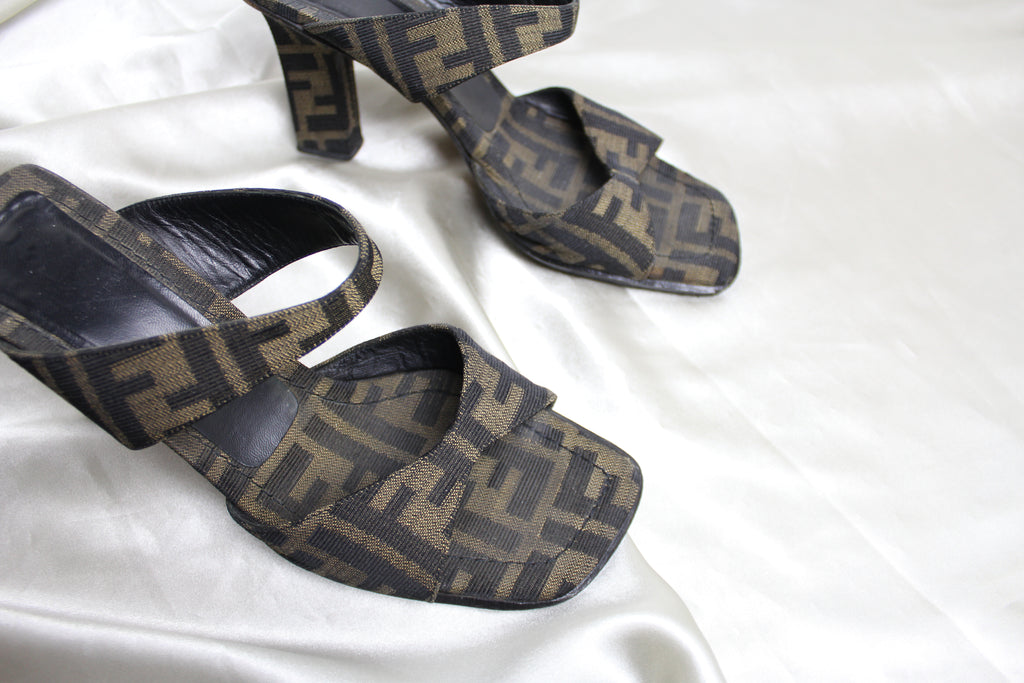 Fendi Zucca Logo Canvas Double Strap Heels EU 37