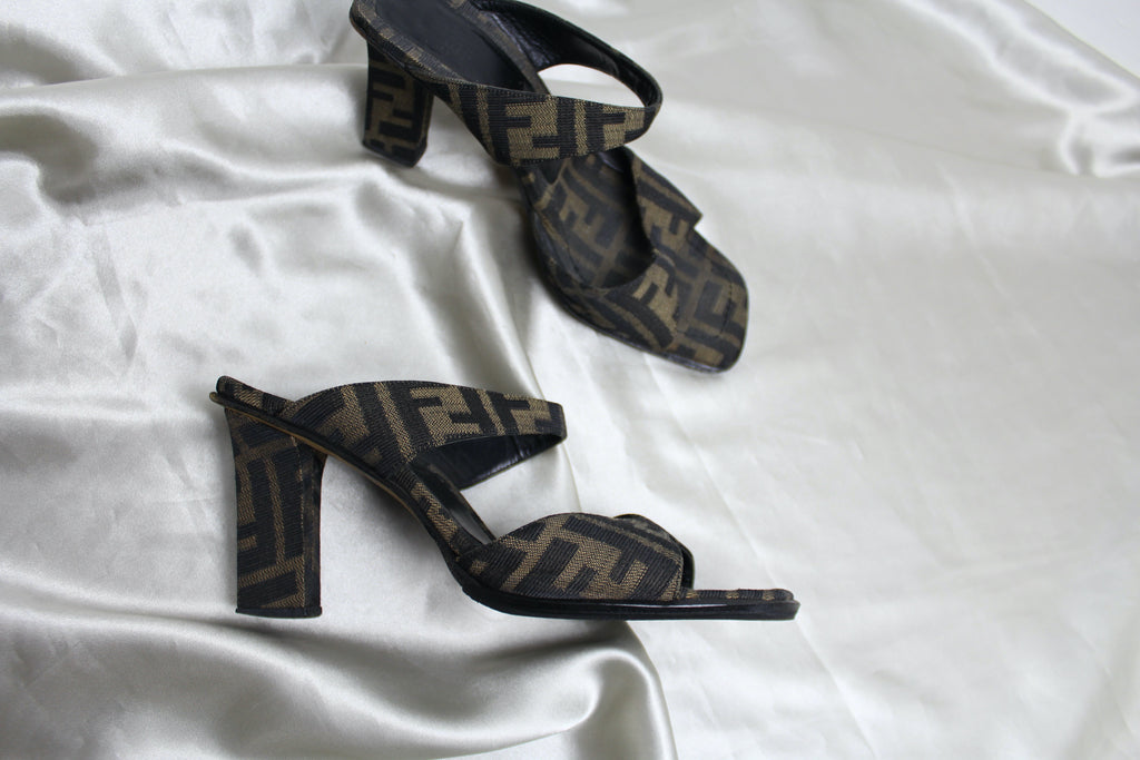 Fendi Zucca Logo Canvas Double Strap Heels EU 37