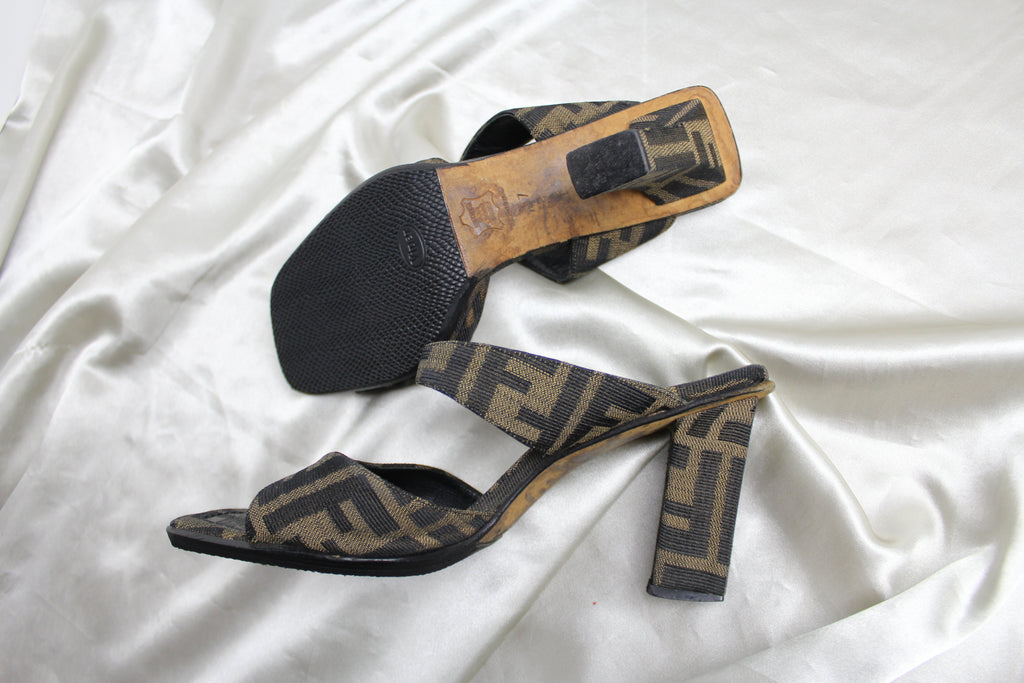 Fendi Zucca Logo Canvas Double Strap Heels EU 37