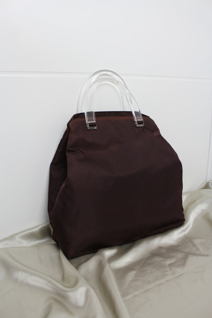 Prada Brown Nylon Lucite Handle Tote Bag