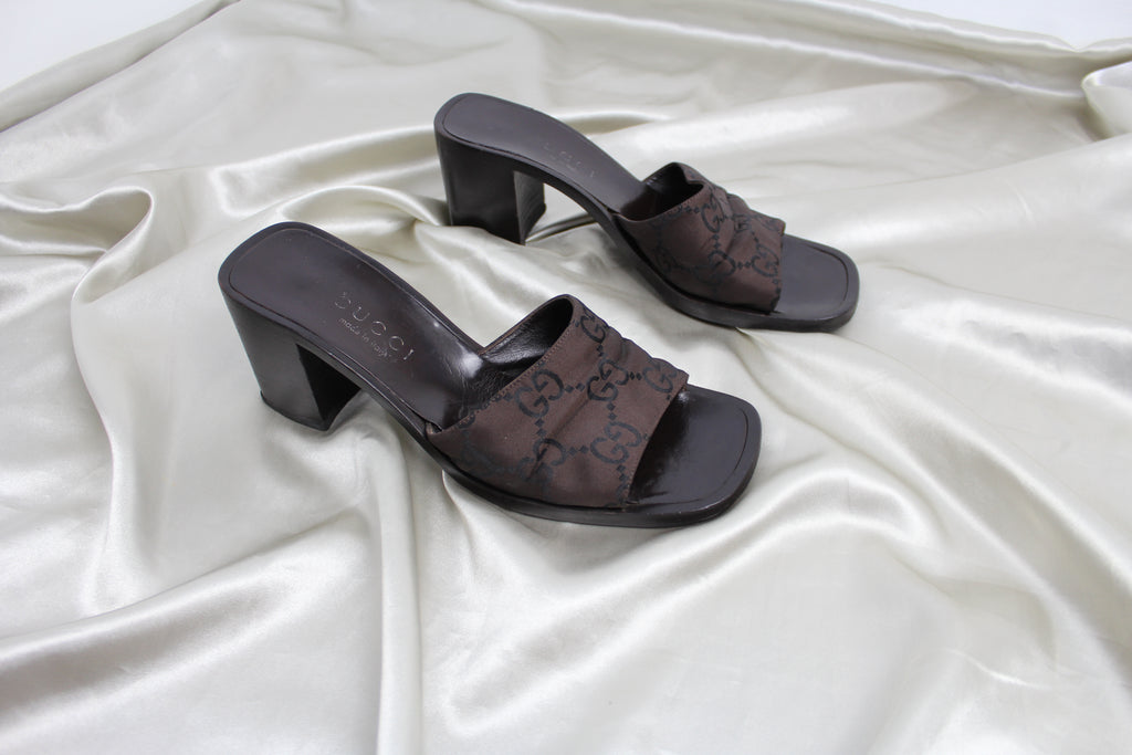 Gucci Brown GG Monogram Sandal Heels 36.5