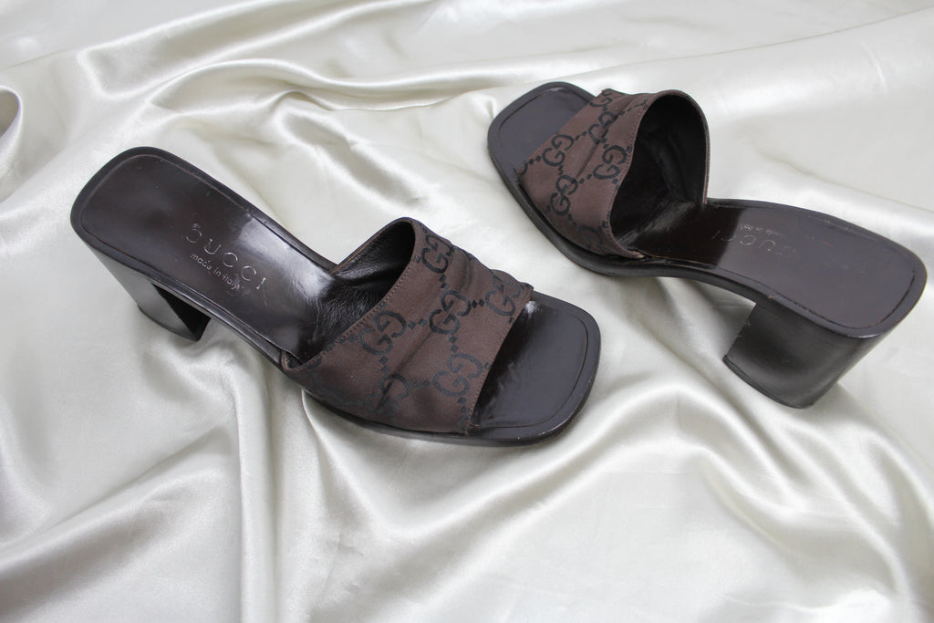 Gucci Brown GG Monogram Sandal Heels 36.5