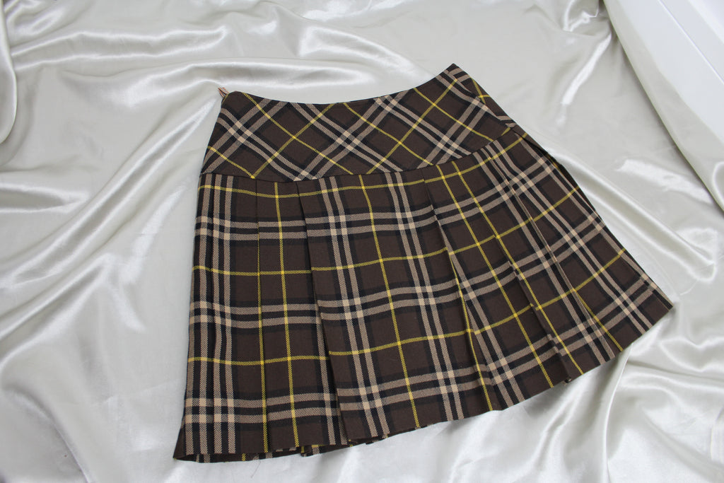 Burberry Brown Check Pleated Mini Skirt 36