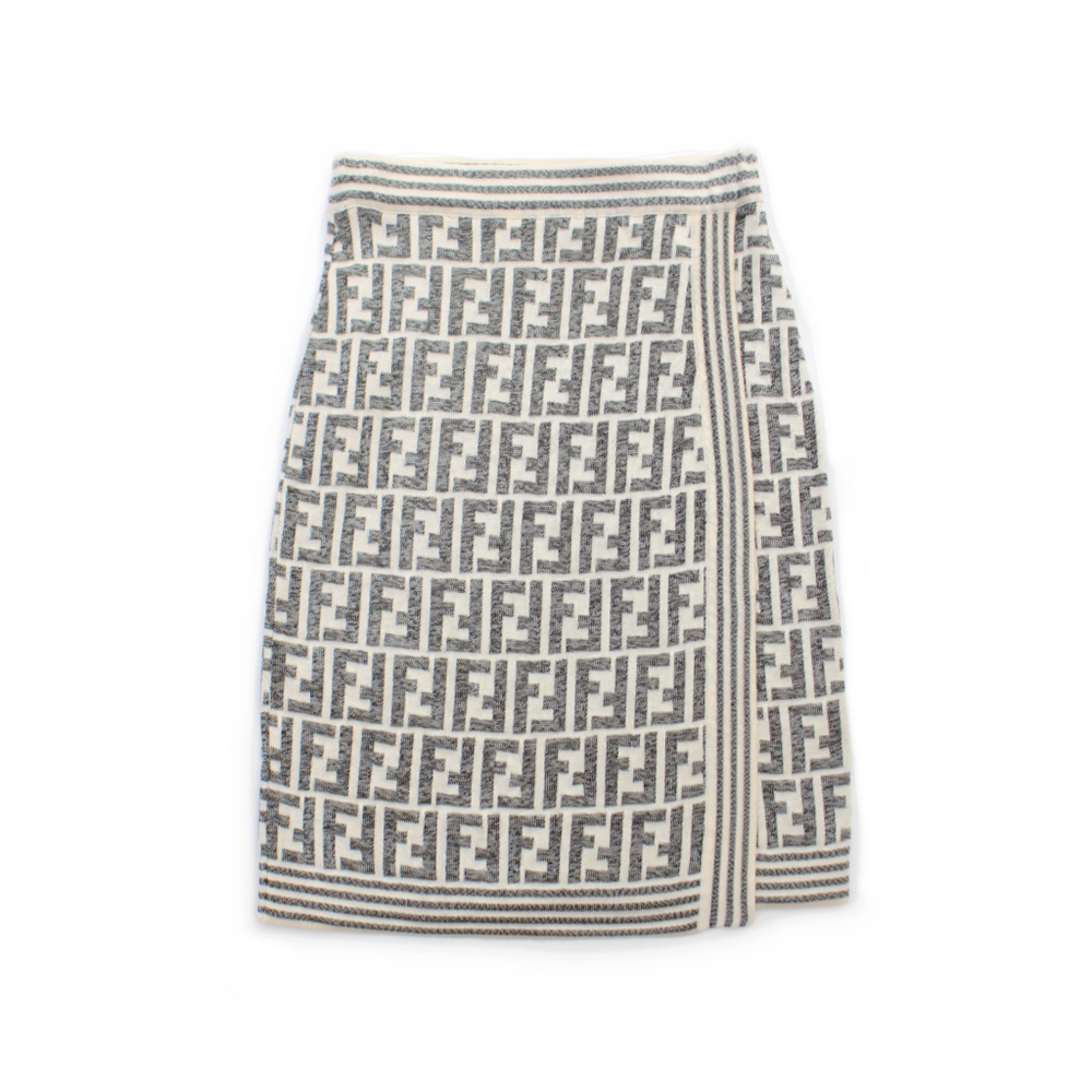 Fendi Zucca Logo Wrap Skirt in Grey & Cream Knit - S