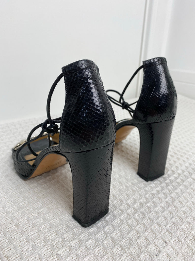 Gucci Black Python Leather Horsebit Open Toe Heels EU 36