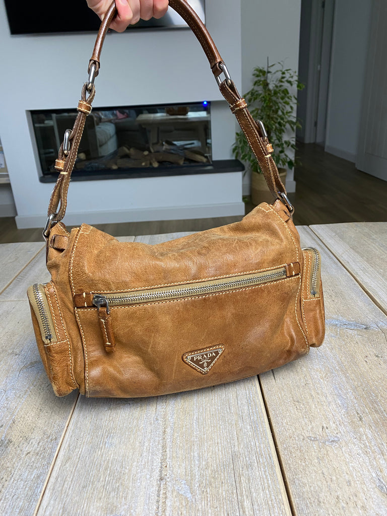 Prada Brown Leather Padlock Shoulder Bag