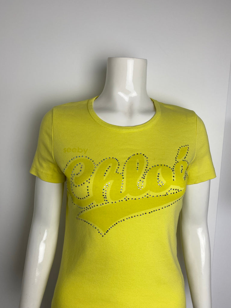 See By Chloé Yellow Rhinestone Logo T-shirt S-M