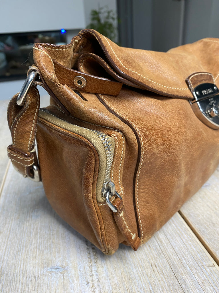 Prada Brown Leather Padlock Shoulder Bag