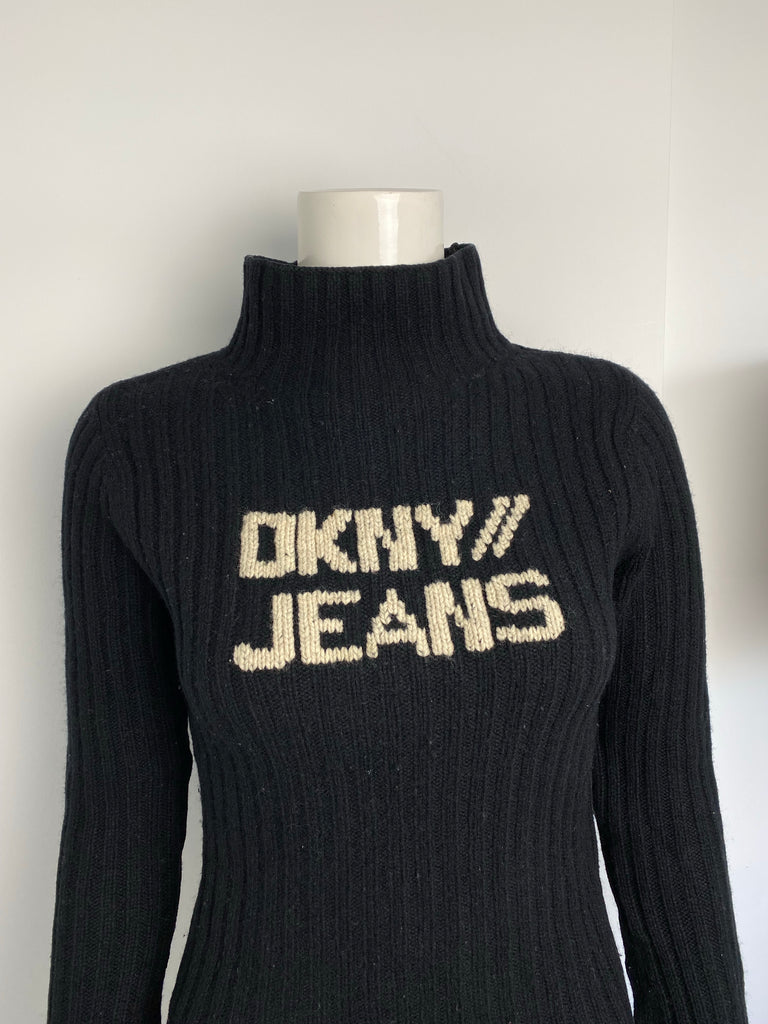 DKNY Logo Black High Neck Knitted Top