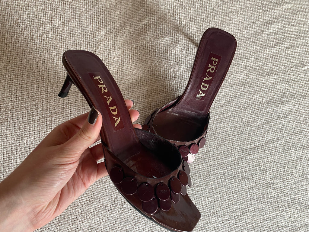 Prada Deep Red Sequin Mule Heels EU 36