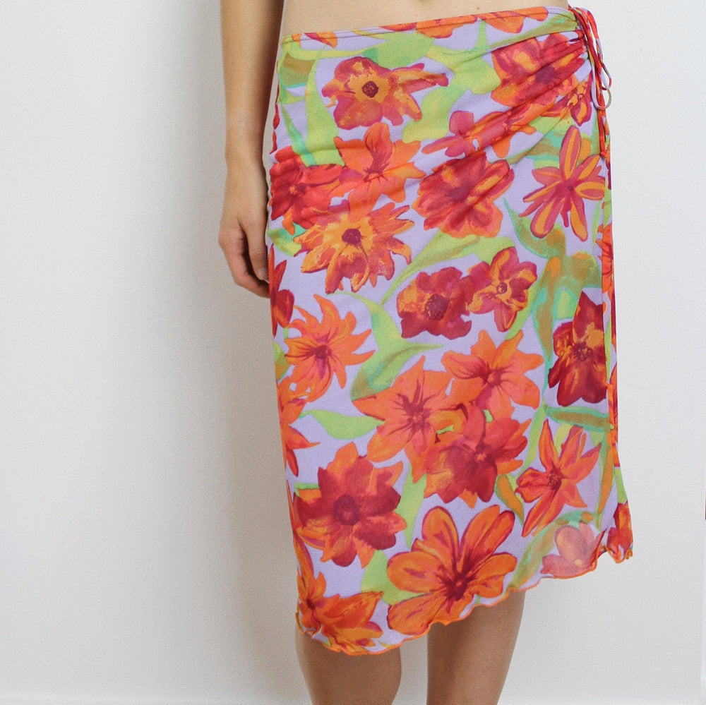Kookai Bright Floral Lettuce Hem Midi Skirt