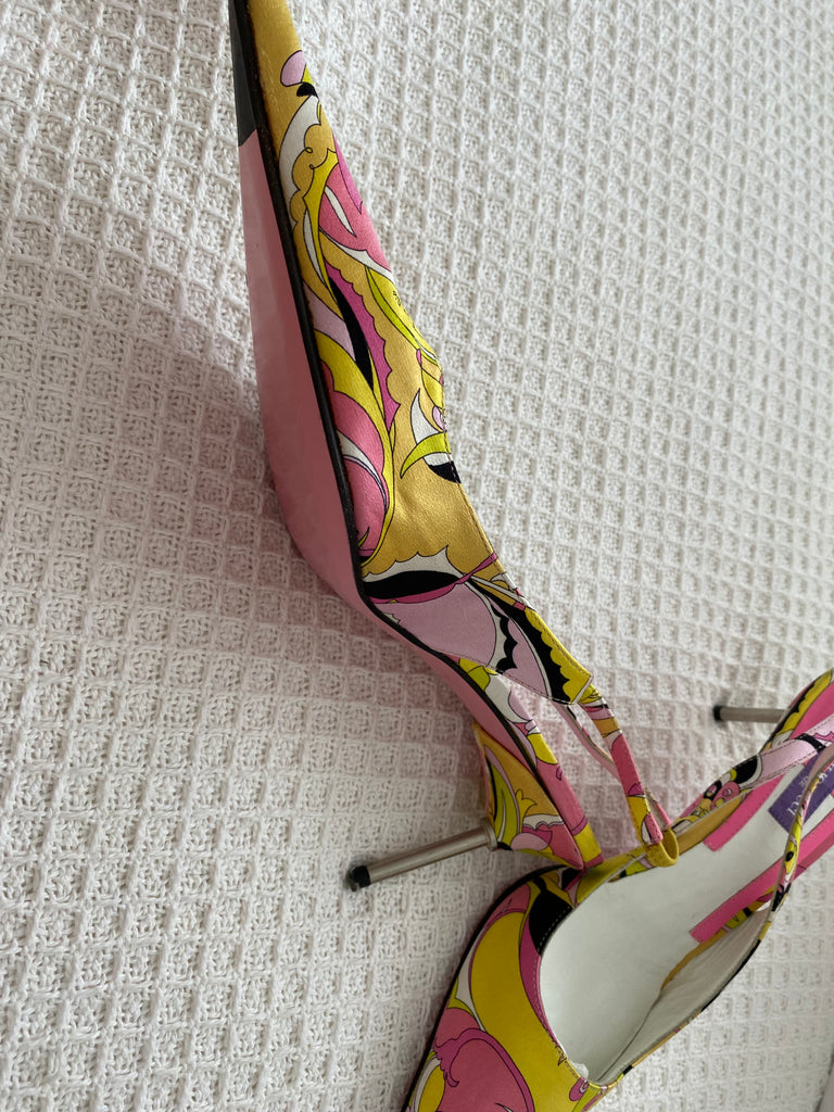 Emilio Pucci Pink / Yellow Satin Slingback Heels 36.5