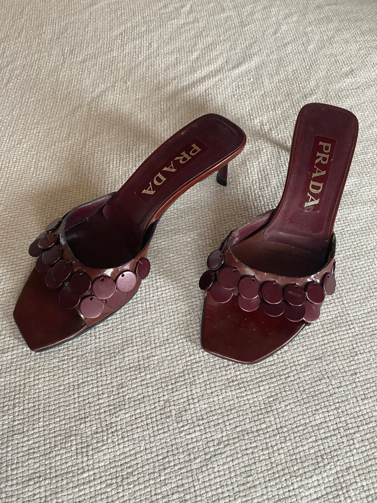 Prada Deep Red Sequin Mule Heels EU 36