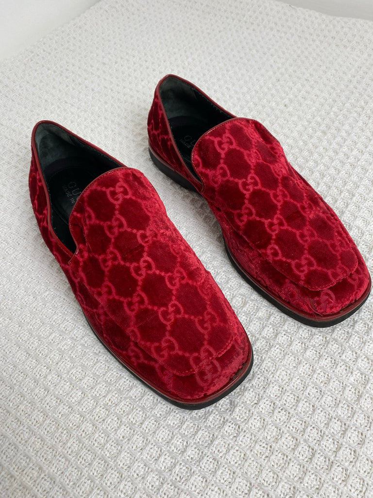 Gucci Red Velour Monogram Loafers 36