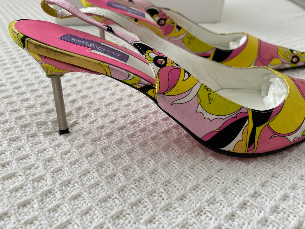 Emilio Pucci Pink / Yellow Satin Slingback Heels 36.5