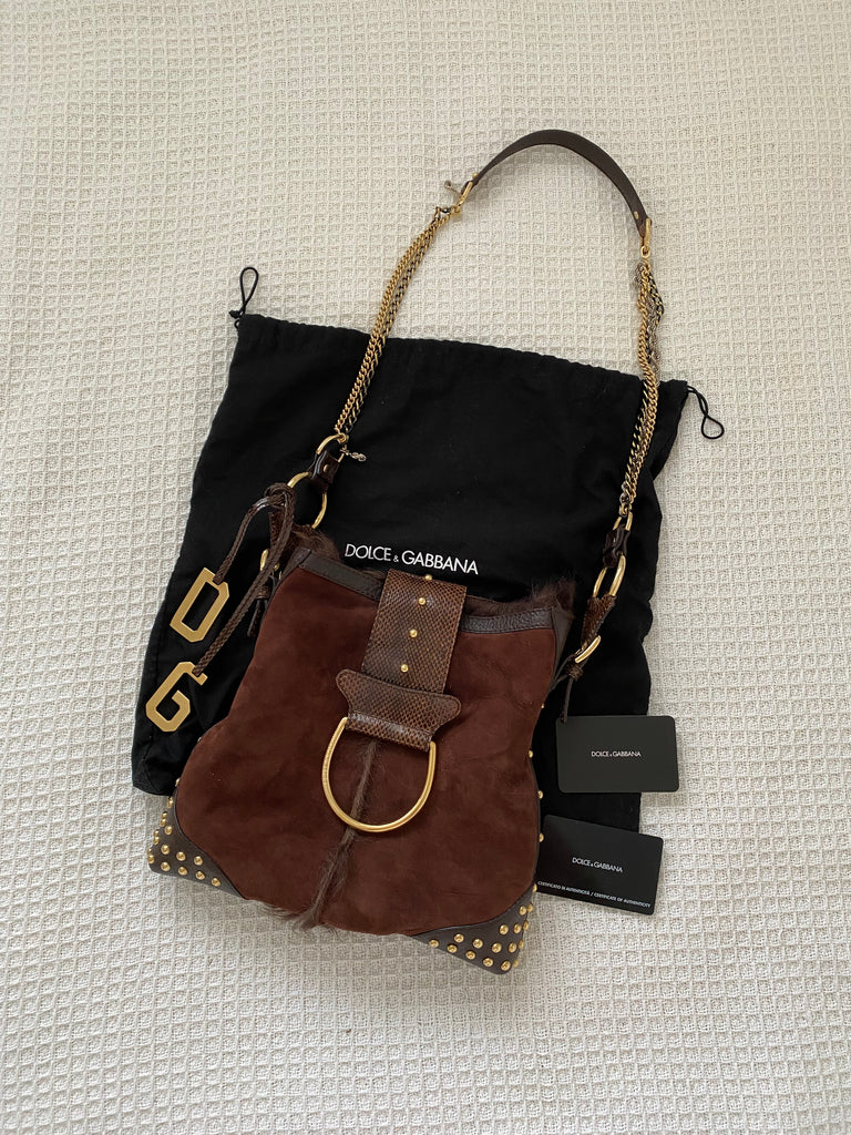 Dolce & Gabbana Brown Suede & Fur Shoulder Bag