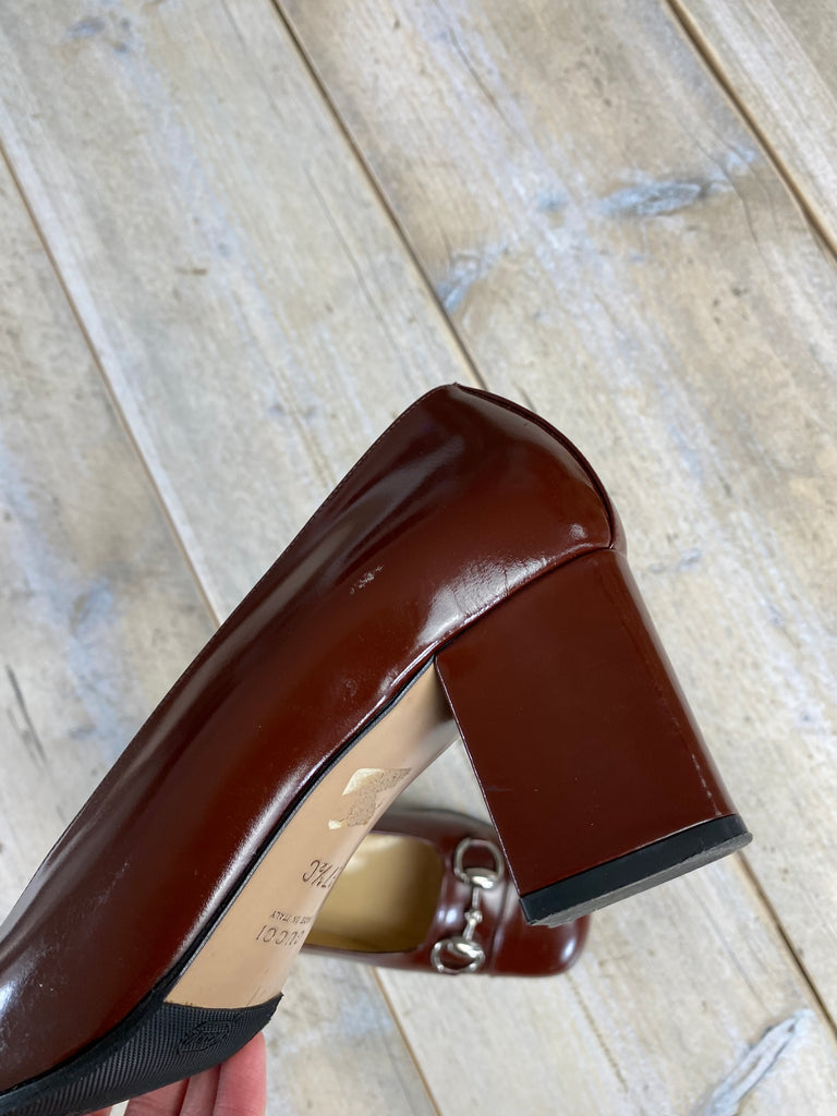 Gucci Burgundy Red Horesbit Patent Leather Heels 37.5