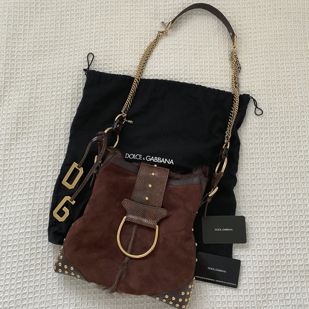 Dolce & Gabbana Brown Suede & Fur Shoulder Bag