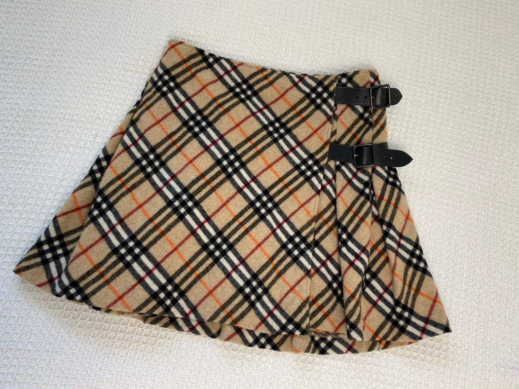 Burberry Diagonal Check Pleated Buckle Mini Skirt
