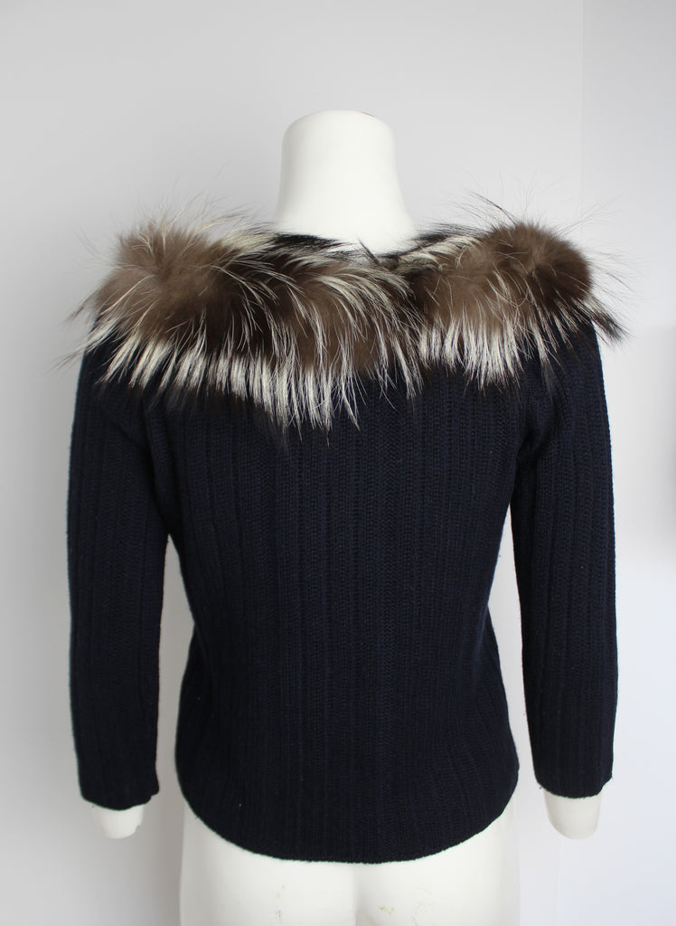 Prada Navy Blue Fur Collar Knit Jumper - S