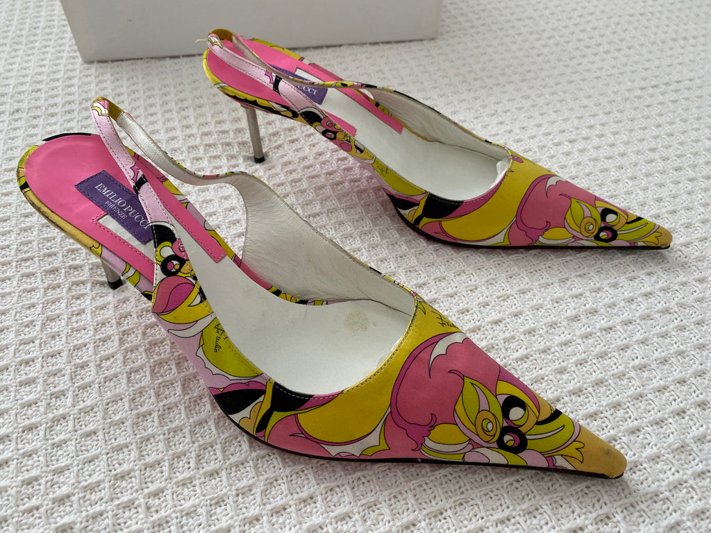 Emilio Pucci Pink / Yellow Satin Slingback Heels 36.5