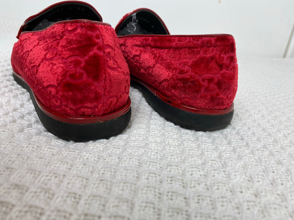 Gucci Red Velour Monogram Loafers 36