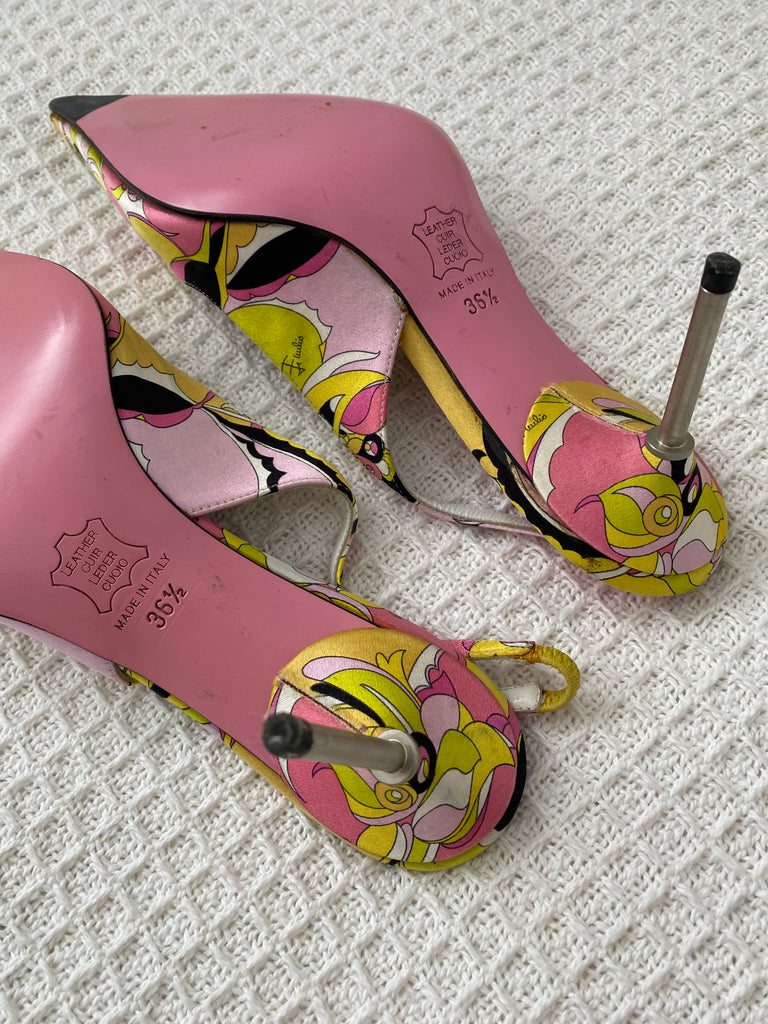 Emilio Pucci Pink / Yellow Satin Slingback Heels 36.5