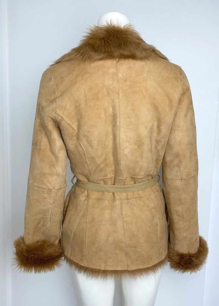 DKNY Tan Suede Fur Lined Belted Coat - S