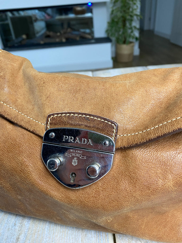 Prada Brown Leather Padlock Shoulder Bag