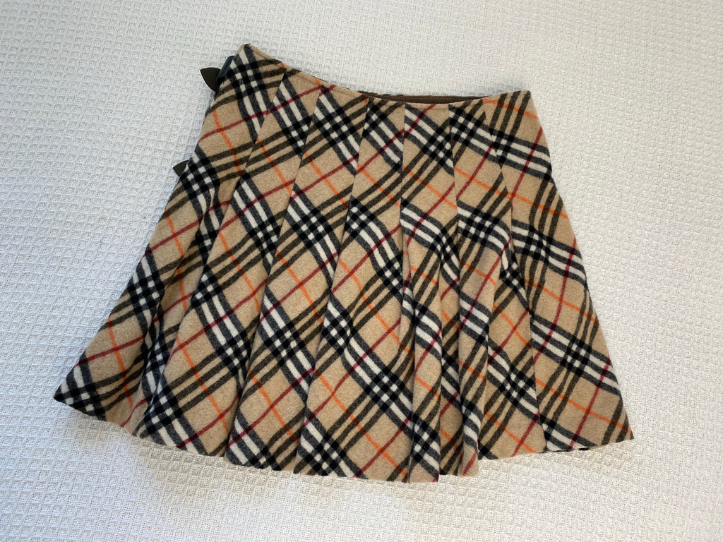 Burberry Diagonal Check Pleated Buckle Mini Skirt