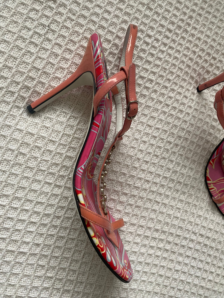 Dolce & Gabbana Pink Pattern Crystal Sandal Heels EU 40.5