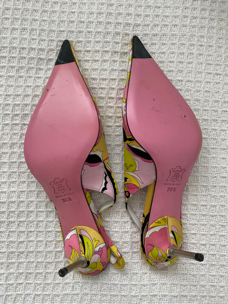 Emilio Pucci Pink / Yellow Satin Slingback Heels 36.5