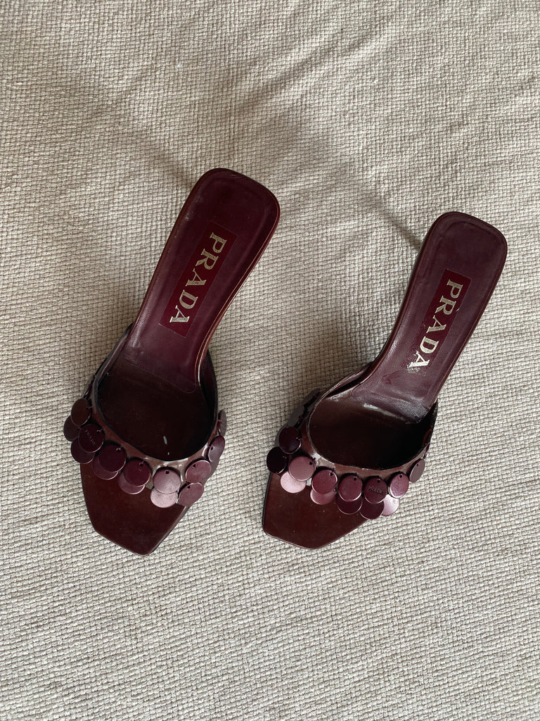 Prada Deep Red Sequin Mule Heels EU 36