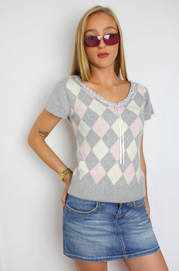 Grey, Pink & White Argyle Knit Top