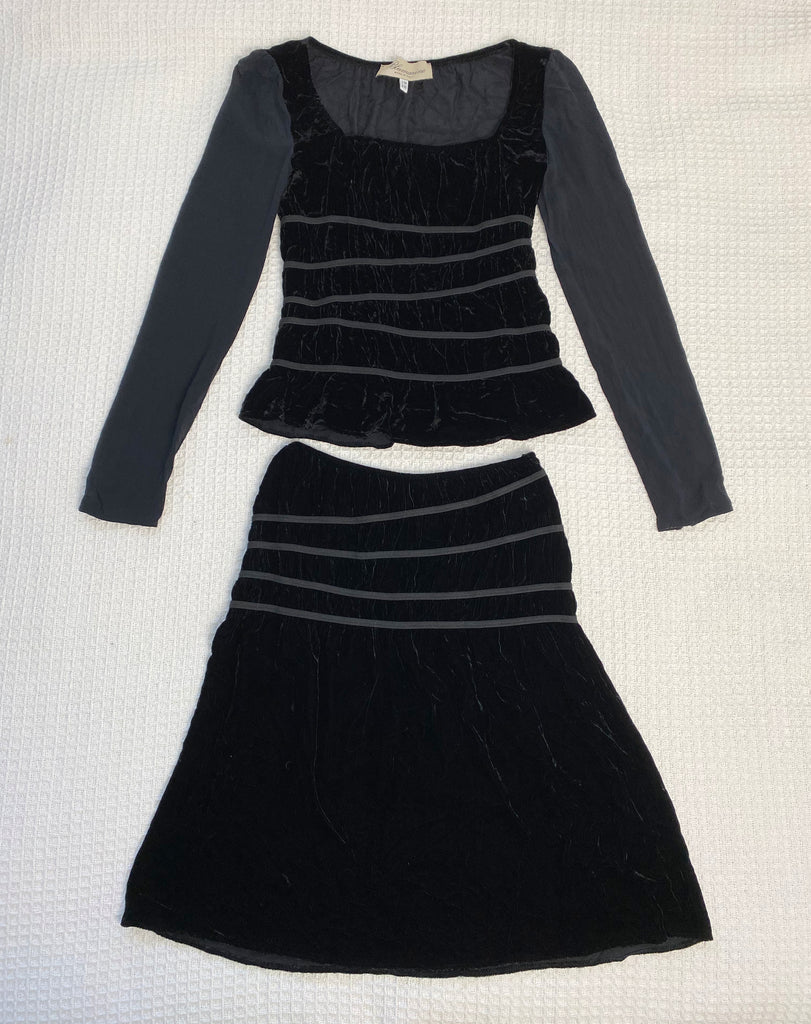 Blumarine Black Velvet & Silk Top / Skirt Set IT 38